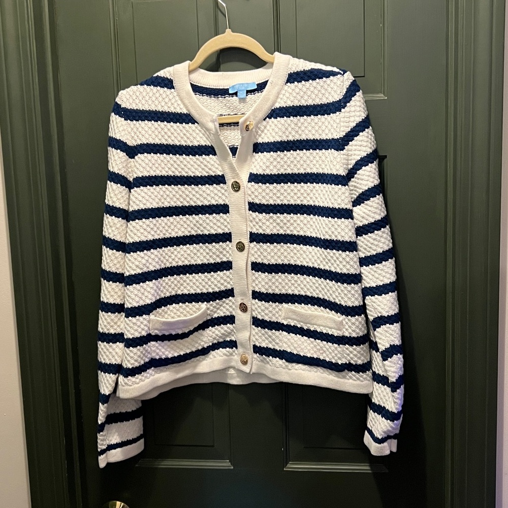 Draper James Navy and White Striped Cardigan
